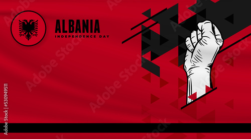 Banner illustration of Albania independence day celebration with text space. Waving flag and hands clenched. Vector illustration.