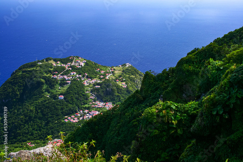Aerial view of Windwardside village from the Mount Scenery volcano on the Caribbean island of Saba in the Netherlands Antilles. photo