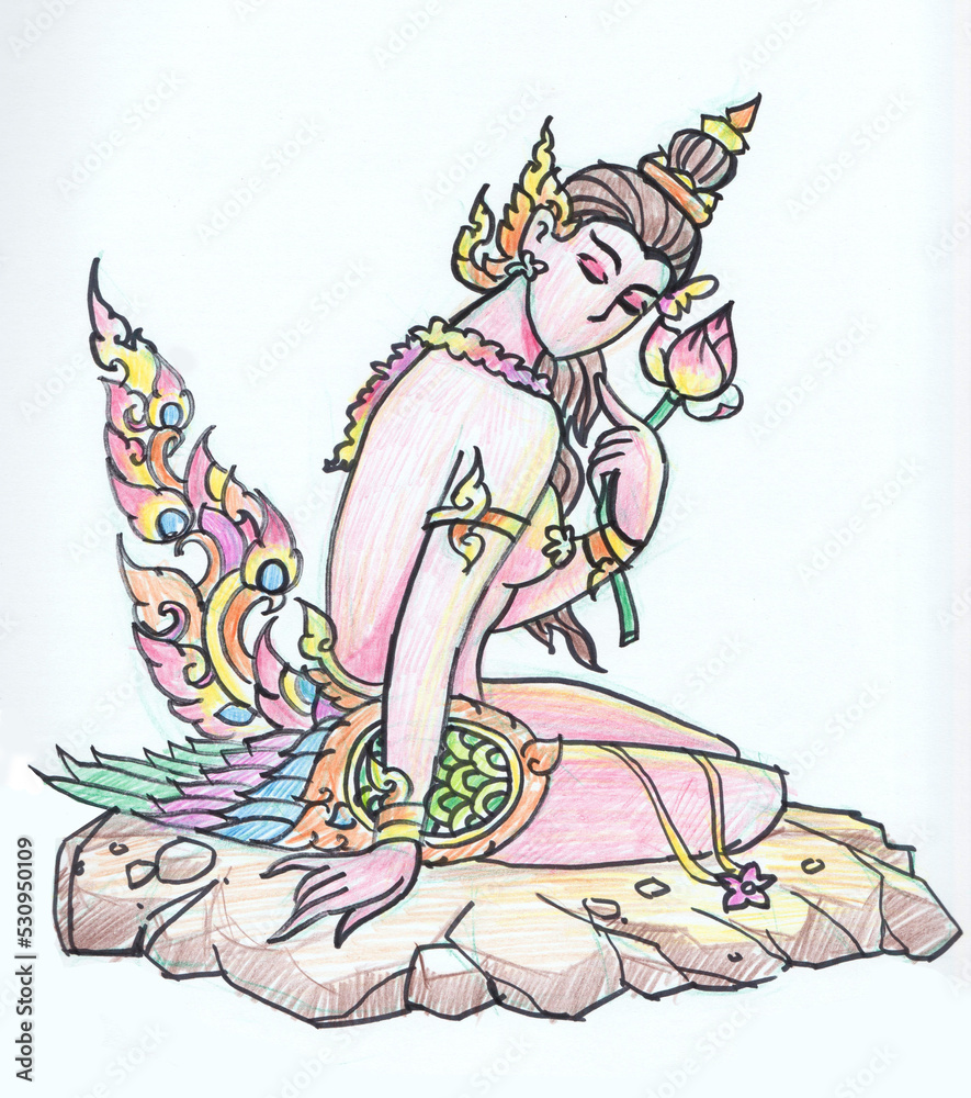 the fantasy girl in a dress pencil color for card illustration decoration