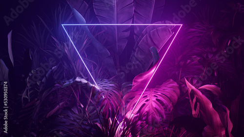 Trendy Background Design. Tropical Leaves with Blue and Pink, Triangle shaped Neon Frame. photo