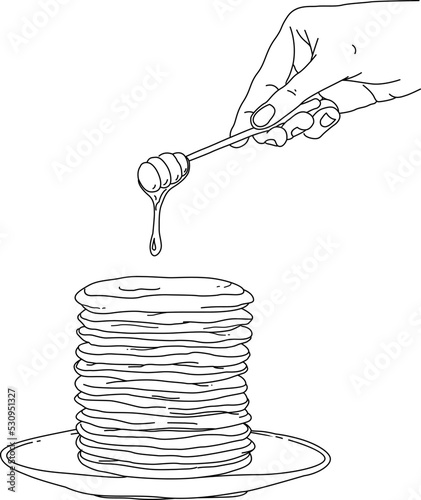 Vector vintage pancake drawing. Hand drawn food illustration. Sketch of Pancakes with honey