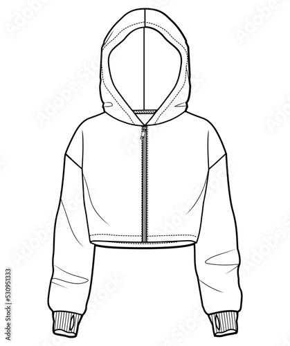 womens open zipper long sleeve cropped hooded sweatshirt flat sketch vector illustration template. cad mockup.