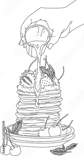 Vector vintage pancake drawing. Hand drawn food illustration. Sketch of Pancakes with strawberry, mint, berry and and maple syrup