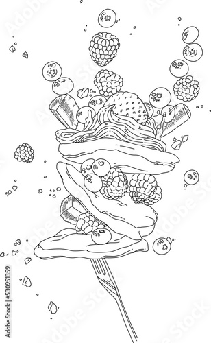 Vector vintage pancake drawing. Hand drawn food illustration. Sketch of Pancakes with berries and and ice cream