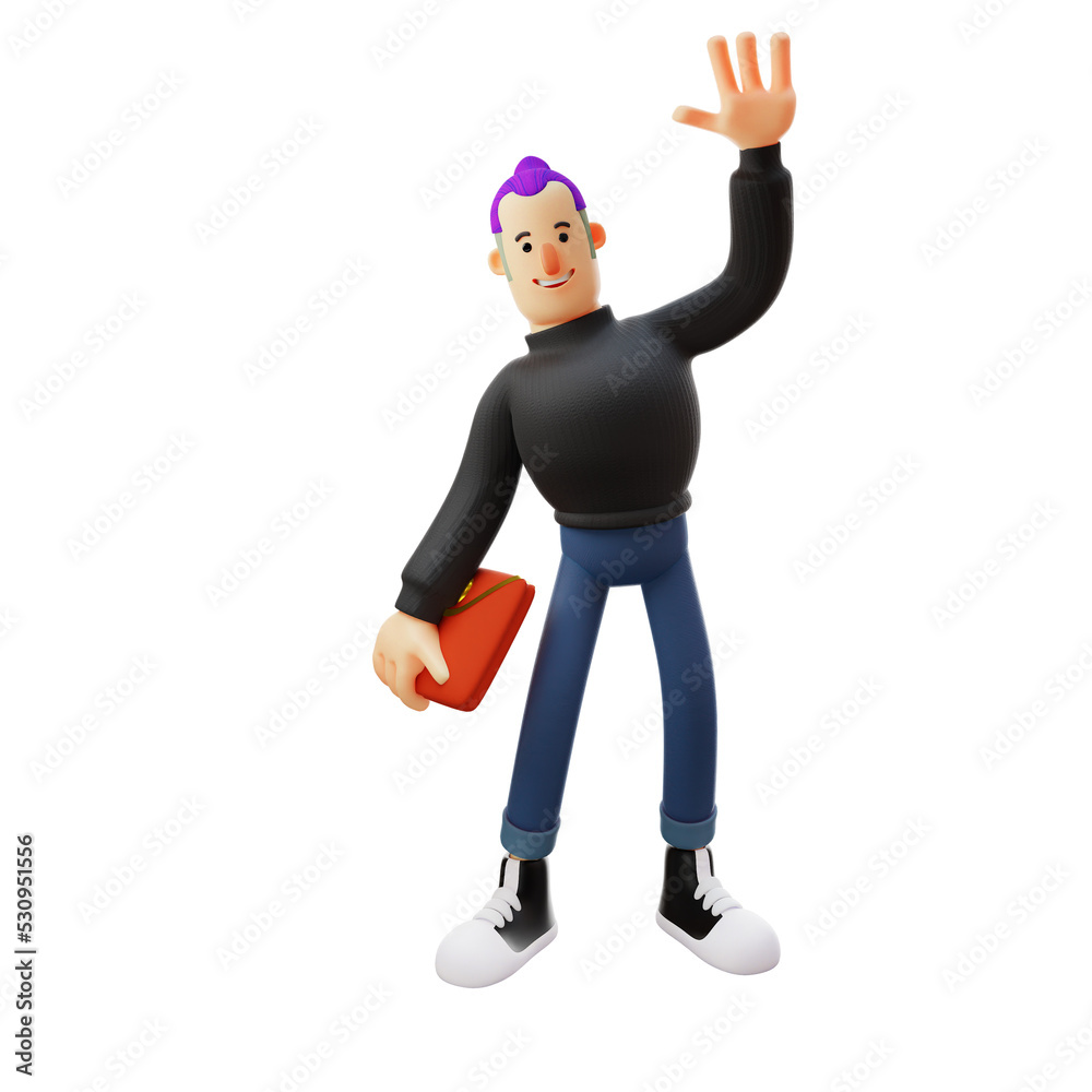 3D illustration. Smiling Cool Man 3D Cartoon Character Say Hi. holding a red bag showing a handsome face. 3D Cartoon Character