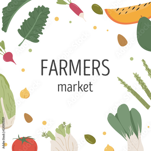 Organic vegetables background with circle border of fresh farm veggies. Square card design with healthy vegan vegetarian food for farmer market. Flat vector illustration of autumn and summer harvest.