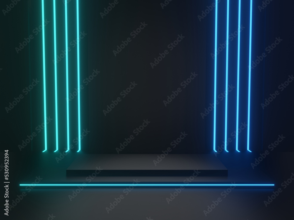 Fototapeta premium 3D rendered black scientific stage with blue neon lights. Geometric podium. Sci-Fi stand.
