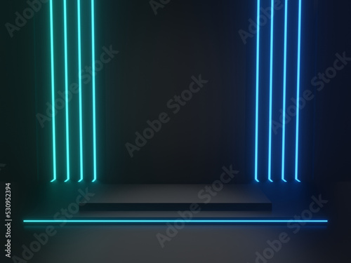 3D rendered black scientific stage with blue neon lights. Geometric podium. Sci-Fi stand.
