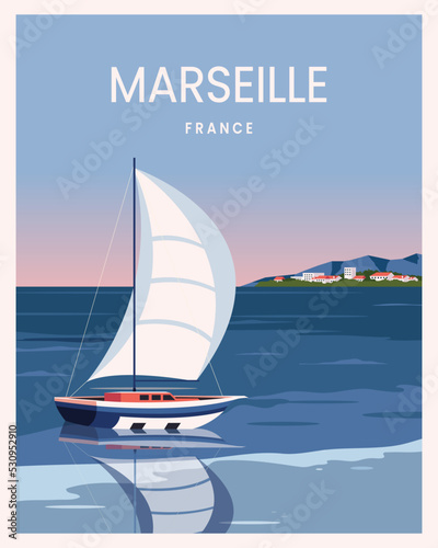 France Marseille with sailor boat landscape background. Flat cartoon vector illustration with colored style.