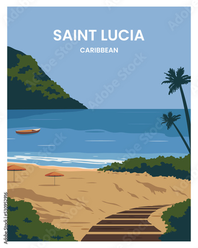 Saint Lucia landscape background. travel to saint lucia caribbean. Flat cartoon style vector illustration with colored style.