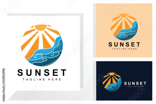 Sunset Beach Logo Design, Seascape Illustration, Red Day Vacation Spot Vector