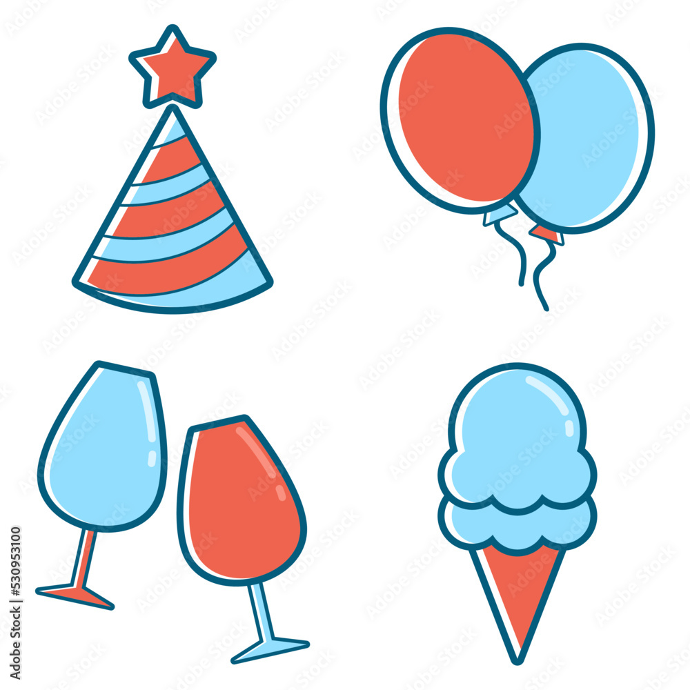 Obraz premium Happy birthday icon set, cartoon style