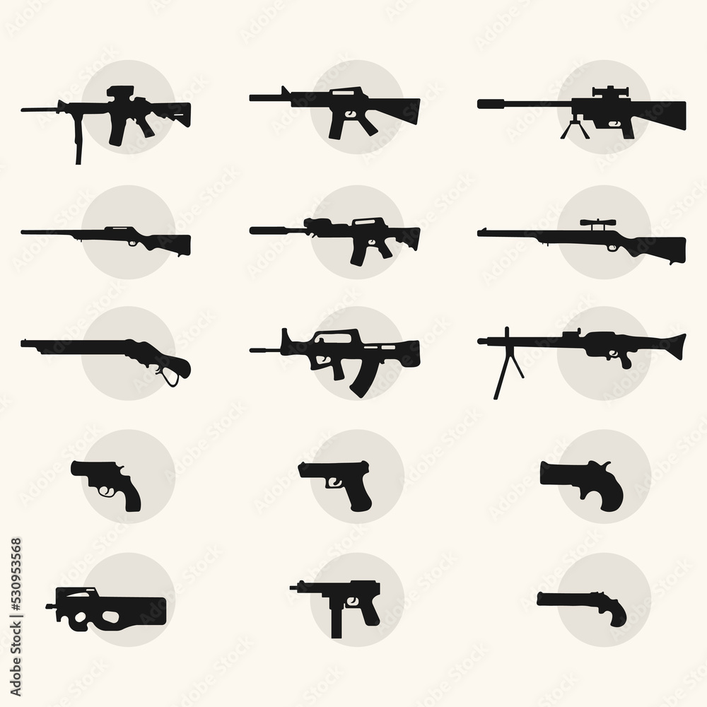 Set of silhouettes of various monochrome vintage military weapons set of machine guns and assault rifles XX century weaponry american army weapon vector illustration
