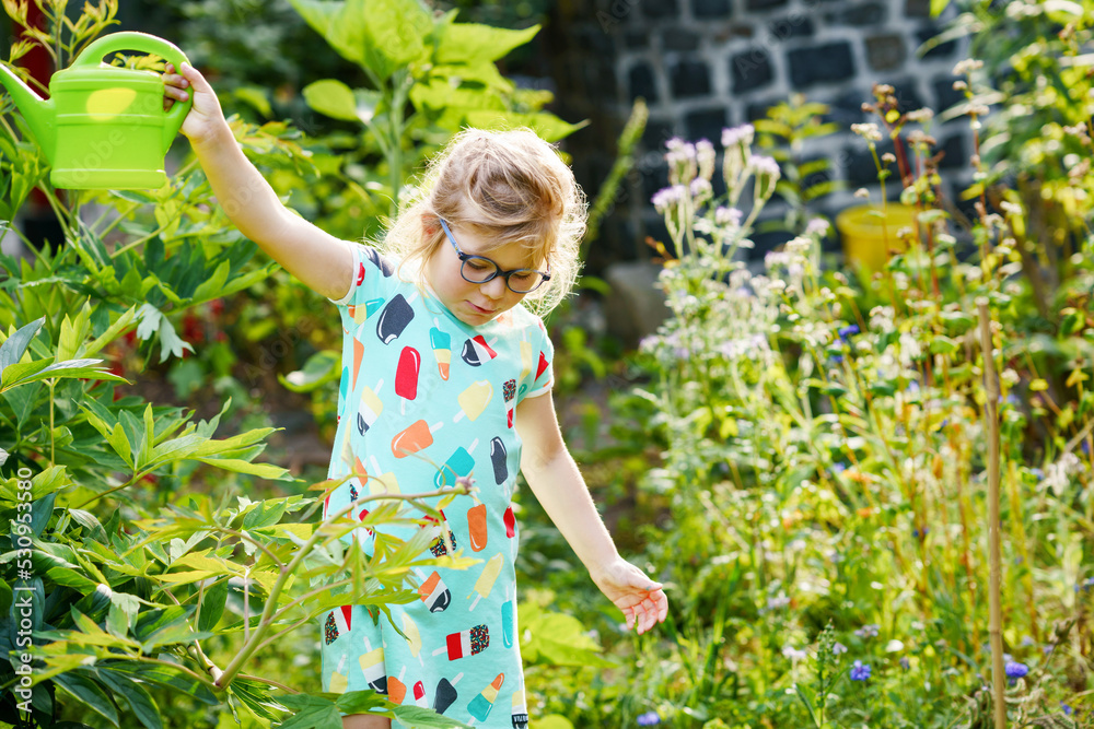 Little girl in a garden with green watering pot. Preschool child using rainwater to water flowers and plants. Little girl in a garden with green watering pot. Preschool child using rainwater to water flowers and plants.