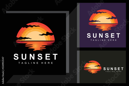 Sunset Beach Logo Design, Seascape Illustration, Red Day Vacation Spot Vector