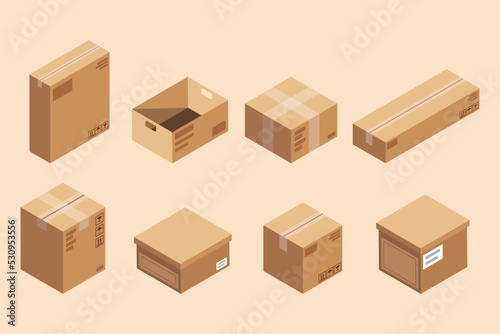 Isometric vector carton of brown squares on set of vector design elements with background.