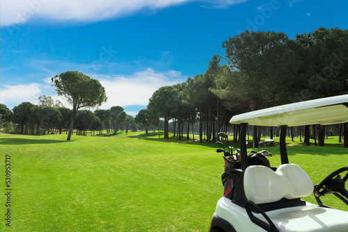 Golf cart on beautiful golf course at sunset photo