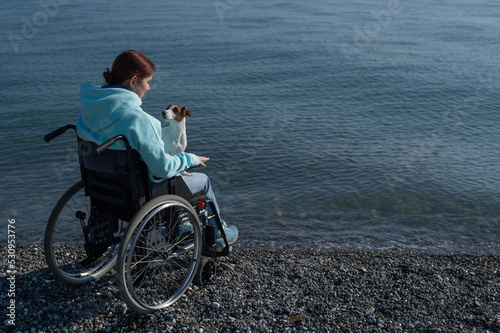 Caucasian woman in a wheelchair with a dog at the sea. © Михаил Решетников