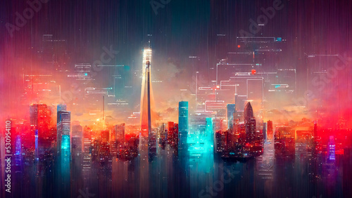 Smart city and abstract dot point connect with gradient line and aesthetic Intricate wave line design , big data connection technology concept