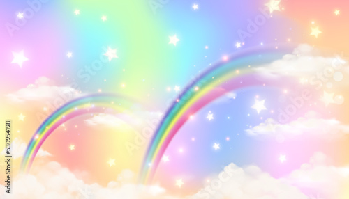 Holographic fantasy rainbow unicorn background with clouds. Pastel color sky. Magical landscape, abstract fabulous pattern. Cute candy wallpaper. Vector.