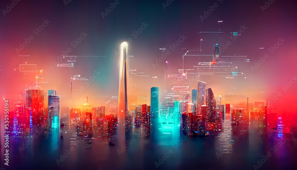 Obraz premium Smart city and abstract dot point connect with gradient line and aesthetic Intricate wave line design , big data connection technology concept