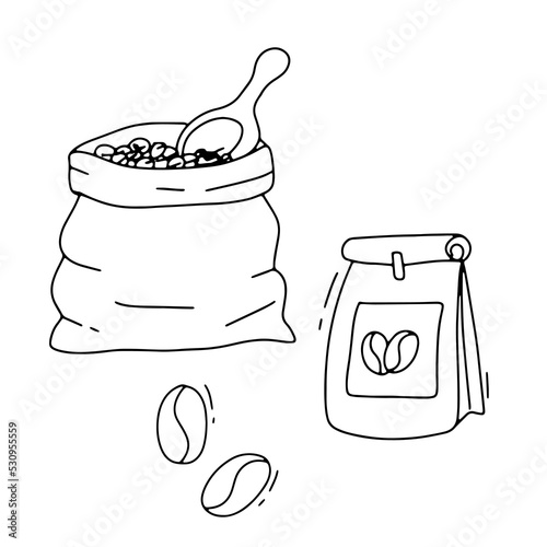 Doodle bag of coffee beans and spoon. Packaging with coffee. Vector illustration isolated on white