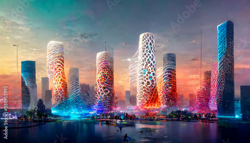 Smart city and abstract dot point connect with gradient line and aesthetic Intricate wave line design , big data connection technology concept © geniusstudio