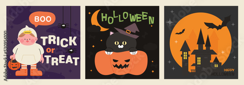 Halloween card. A child with a candy basket, a cat in a witch's hat, and a vampire castle. flat design style vector illustration.