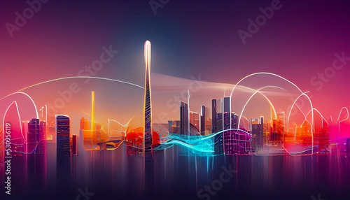 Smart city and abstract dot point connect with gradient line and aesthetic Intricate wave line design , big data connection technology concept © geniusstudio