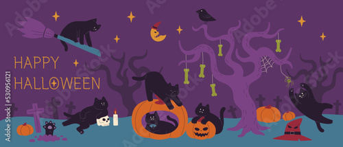 Halloween poster. Black cats are playing around a bizarre tree in the dark night. flat design style vector illustration.
