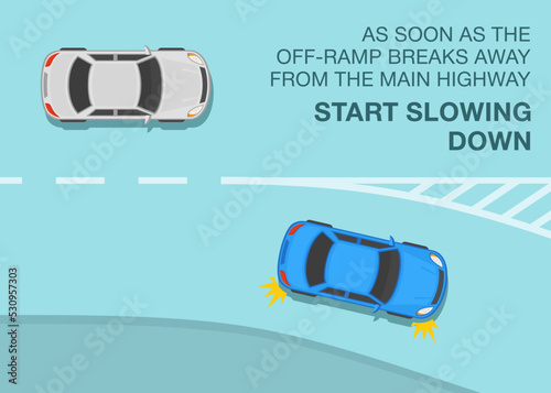 Safe driving tips and traffic regulation rules. As soon as the off-ramp breaks away from the main highway, start slowing down. Blue sedan car exiting a highway. Flat vector illustration template.