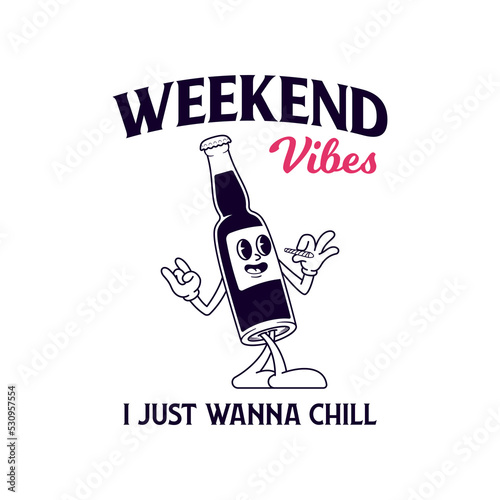 weekend vibes - retro cartoon bottle illustration - vintage t shirt design