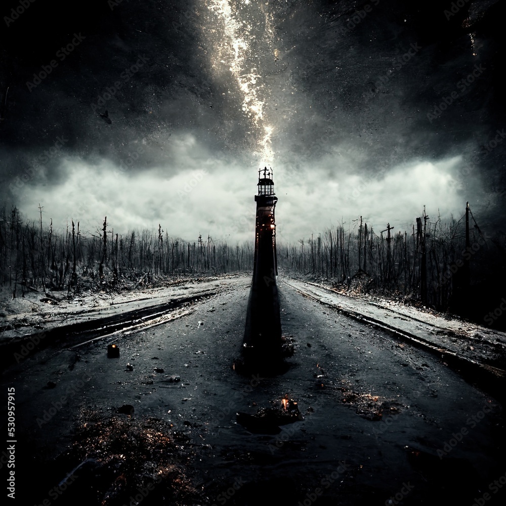 The light at the end of the world. Album cover art. Mystic. Doom. Monochrome. Abstract background. Fantastic 3D rendered digital illustration. Stock-illustration | Adobe Stock