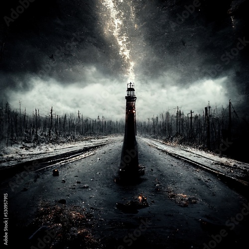 The light at the end of the world. Album cover art. Mystic. Gothic. Doom. Monochrome. Abstract background. Fantastic 3D rendered digital illustration.
