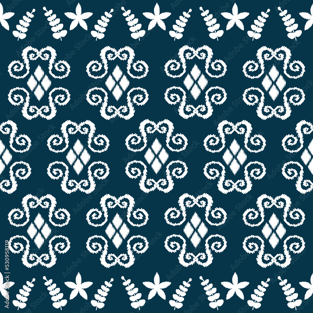 Ikat ethnic background vector. Seamless pattern of abstract diamonds shapes with leaves and flower. Design for carpet, wallpaper, background, wrapping,clothing, fabric.
