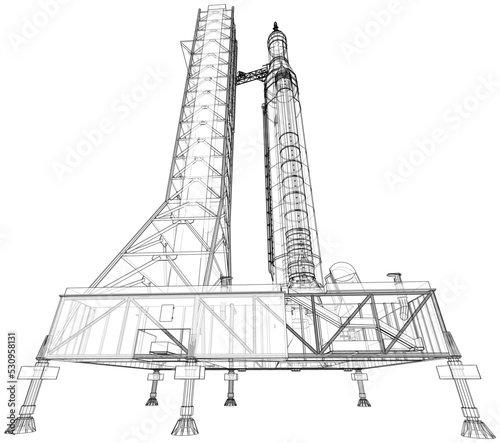 Space Rocket on launch pad. Vector rendering of 3d