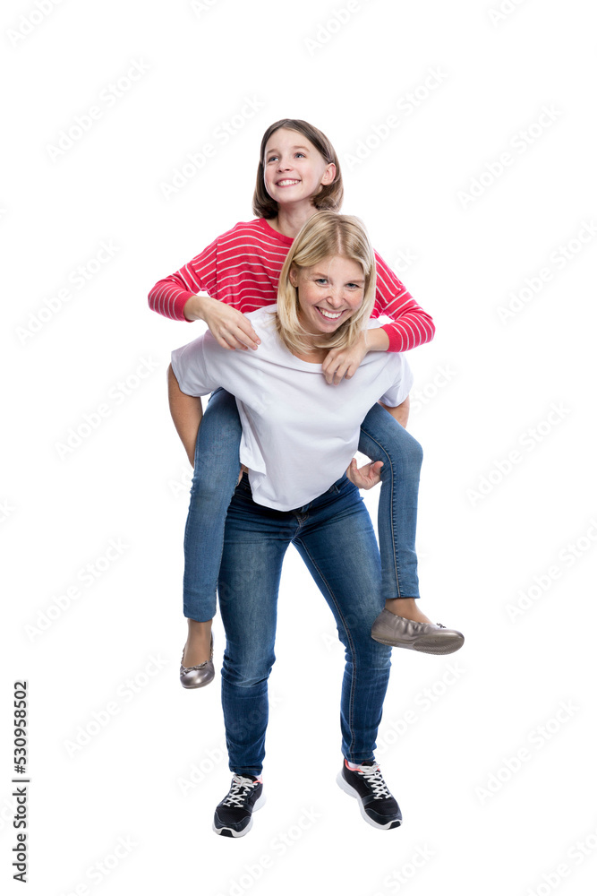 A teenage girl sees her mother riding. They hug and hug. The child is in a red striped sweater and jeans, the mother is in a white T-shirt. Love and tenderness in the family. Full height. A teenage girl sees her mother riding. They hug and hug. The child is in a red striped sweater and jeans, the mother is in a white T-shirt. Love and tenderness in the family. Full height.