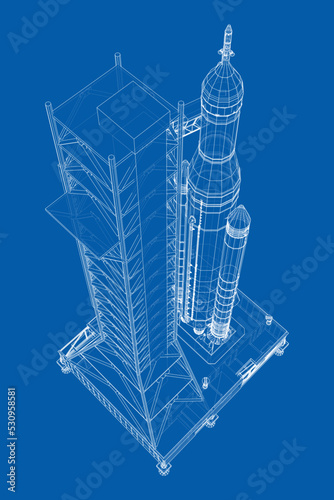 Space Rocket on launch pad. Vector rendering of 3d