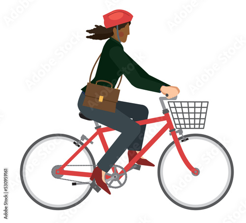 自転車に乗る8等身黒人系女性会社員ビジネスマンのイラスト　自転車通勤　健康増進　エコロジー