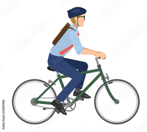 自転車に乗る8等身白人系男性会社員ビジネスマンのイラスト　自転車通勤　健康増進　エコロジー