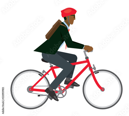 自転車に乗る8等身黒人系男性会社員ビジネスマンのイラスト　自転車通勤　健康増進　エコロジー