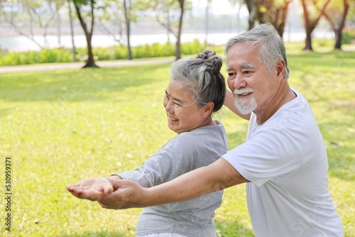 Asian senior couple practice yoga excercise, tai chi tranining, stretching and meditation together with relaxation for healthy in park outdoor after retirement. Happy elderly outdoor lifestyle concept