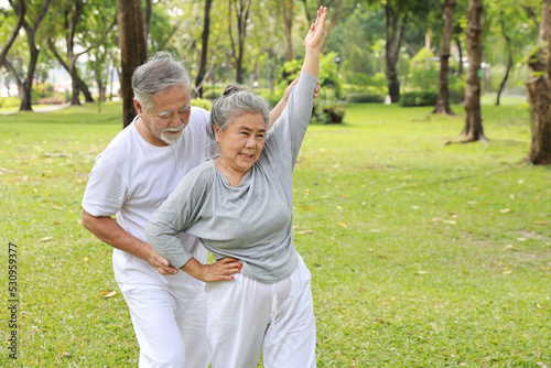 Asian senior couple practice yoga excercise, tai chi tranining, stretching and meditation together with relaxation for healthy in park outdoor after retirement. Happy elderly outdoor lifestyle concept