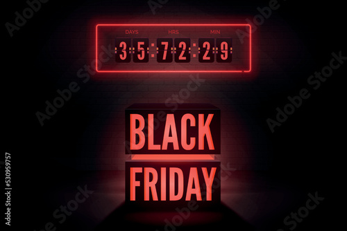 Black Friday tech sale countdown vector banner template. Red neon light discount offer on black background. Trendy electronics special price promo with glowing text. Seasonal clearance poster design