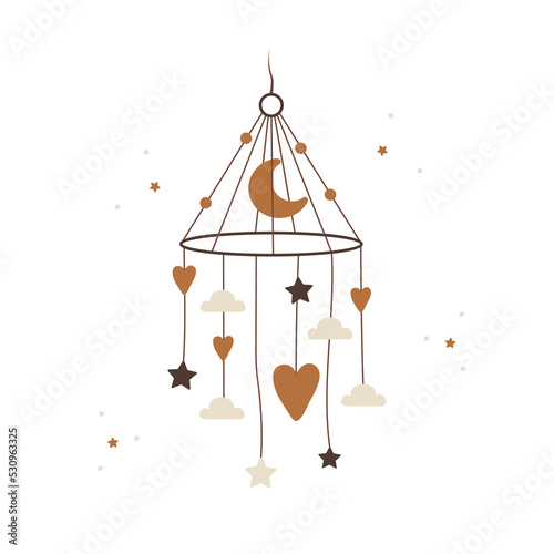 Boho baby mobile. Hand drawn scandinavian hanging toy for newborn isolated on white background. Vector illustration in flat cartoon style.