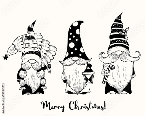 Cute christmas scandinavian gnomes. New year gnome Santa with christmas tree, lantern and caramel stick. Vector illustration. Hand drawing soodle. Isolated characters for design, decor, greeting card