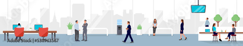 Modern office and workers horizontal vector illustration