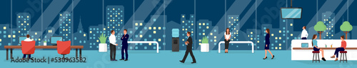 Modern office and workers horizontal vector illustration ( evening )