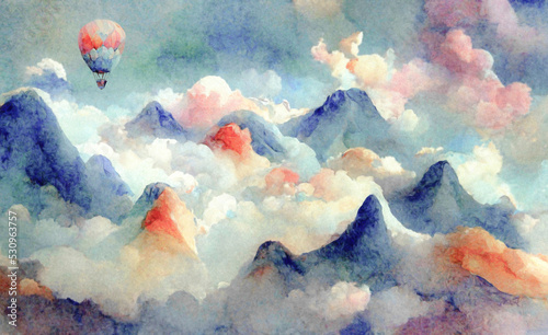 Children's painted colored wallpaper. Colorful watercolor illustration of a mountain landscape with a flying air balloon. Design for a children's room, poster, postcard.