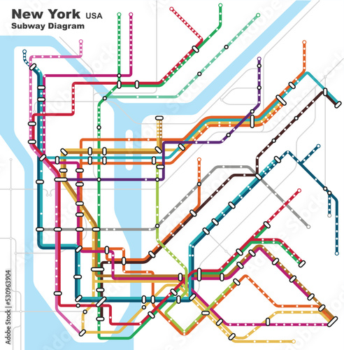 Layered editable vector illustration of the subway diagram of New York City,the United States of America.